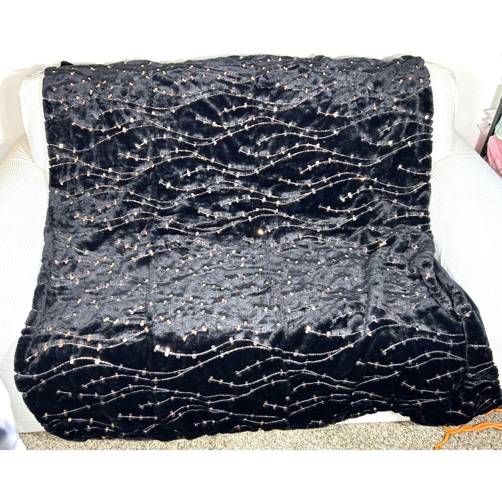 Aviva Stanoff Black w/ Rose Gold Sequin MilkyWay Blanket 2 Pillow set, MSRP $799 - Picture 3 of 13
